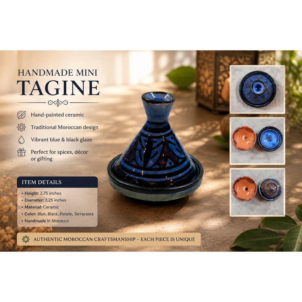 Mini Moroccan Ceramic Tagine Blue Hand Painted Berber Salt Cellar Spice Dish 3in